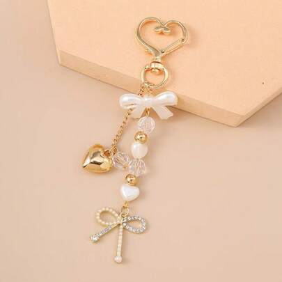 1pc New Fashion 3D Heart Shaped Keychain Elegant Pearl Bow Decor Key Chain Accessory Keychain Accessories Gold Keychain