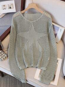 Áo khoác dệt kim khoét lỗ hình ngôi sao kiểu dáng châu Âu và Mỹ dành cho nữ, cổ tròn, tay dài, dáng rộng, ngọt ngào và mát mẻ, giúp tôn dáng trong kỳ nghỉ. - xanh quân đội - Xem 7