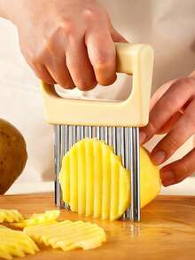 Crinkle Cut French Fry Cutter With Wavy Blade, 3.89 Inch Stainless Steel Blade, Vegetable Slicer With Protective Cover (Beige) - Multicolor - View 2