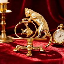 Cat & Fish Brooch, Gold-Toned Craft With Textured Cat Shape, Hanging Fish Pendant, Ornate Scroll Base, Lifelike Playful Design, Charming Statement Accessory For Fashion Enthusiasts, Ideal For Outfits, Bags & Styling - Gold - View 1