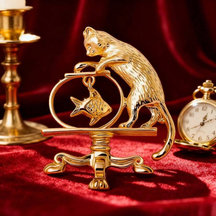 Cat & Fish Brooch, Gold-Toned Craft With Textured Cat Shape, Hanging Fish Pendant, Ornate Scroll Base, Lifelike Playful Design, Charming Statement Accessory For Fashion Enthusiasts, Ideal For Outfits, Bags & Styling - Gold - View 1