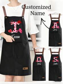 1pc Customized Floral & Alphabet A-Z Print Apron With Large Pocket, Waterproof, Stain & Oil Resistant. This Personalized Kitchen Cooking Apron With Adjustable Neck And Waist, Suitable For Cooking And Grilling, Great Gift For Christmas And Thanksgiving, Unisex.