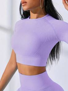 Workout Sets Outfits For Women – Yoga Leggings With Short Sleeve Crop Top, Slim Fit Tummy Control Butt Lifting Waist Shaping, Seamless Ribbed Texture, Breathable Soft Fabric, Non-Pilling, Perfect For Fall Winter Gym Yoga Running Fitness - 淺紫色 - 查看 5