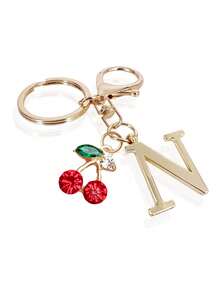1pc High-End Elegant Gold Letter Keychain, Letter A-Z Three-Dimensional Pendant,Pair With Rhinestone Cherry Pendant, Fashionable Alloy Keychain Ring, Backpack Charm Car Keychain, Perfect Accessory For Women's Daily Use, Couple Gift, Classic And Simple Keychain, Decoration, Bag Accessories, Suitable For Giving To Friends, Family, Lovers, Girlfriends, Important Gifts, Holiday Souvenirs,Birthday Gifts, Christmas Gifts