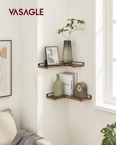  VASAGLE Corner Shelf Wall Mount Set Of 2, Corner Floating Shelves, Small Corner Wall Shelf For Decor Storage, For Living Room Bedroom Kitchen Bathroom,Brown