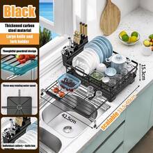 1pcs Expandable Dish Drying Rack Carbon Steel Dish Rack For Kitchen Counter, Space Saving Dish Drainer With Utensil Holder And Drainboard - Black - View 3