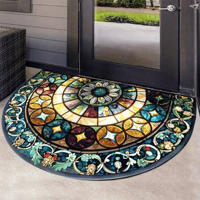 Stained Glass Mosaic Semi-Circle Welcome Door Mat[3D Pattern Carpet (Flat Surface - No Protrusions)]- 1pc, Non-Slip & Absorbent, Perfect For Living Room, Bedroom, Kitchen, And Bathroom Decor, Machine Washable,Luxury Velvet Carpet - High-Quality Lightweight Washable Rug, Soft & Fluffy, Durable Non-Slip Short Pile Carpet