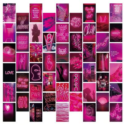 50pcs Neon Pink Aesthetic Collage Posters, Dorm Room Bedroom Desk Wall Decor