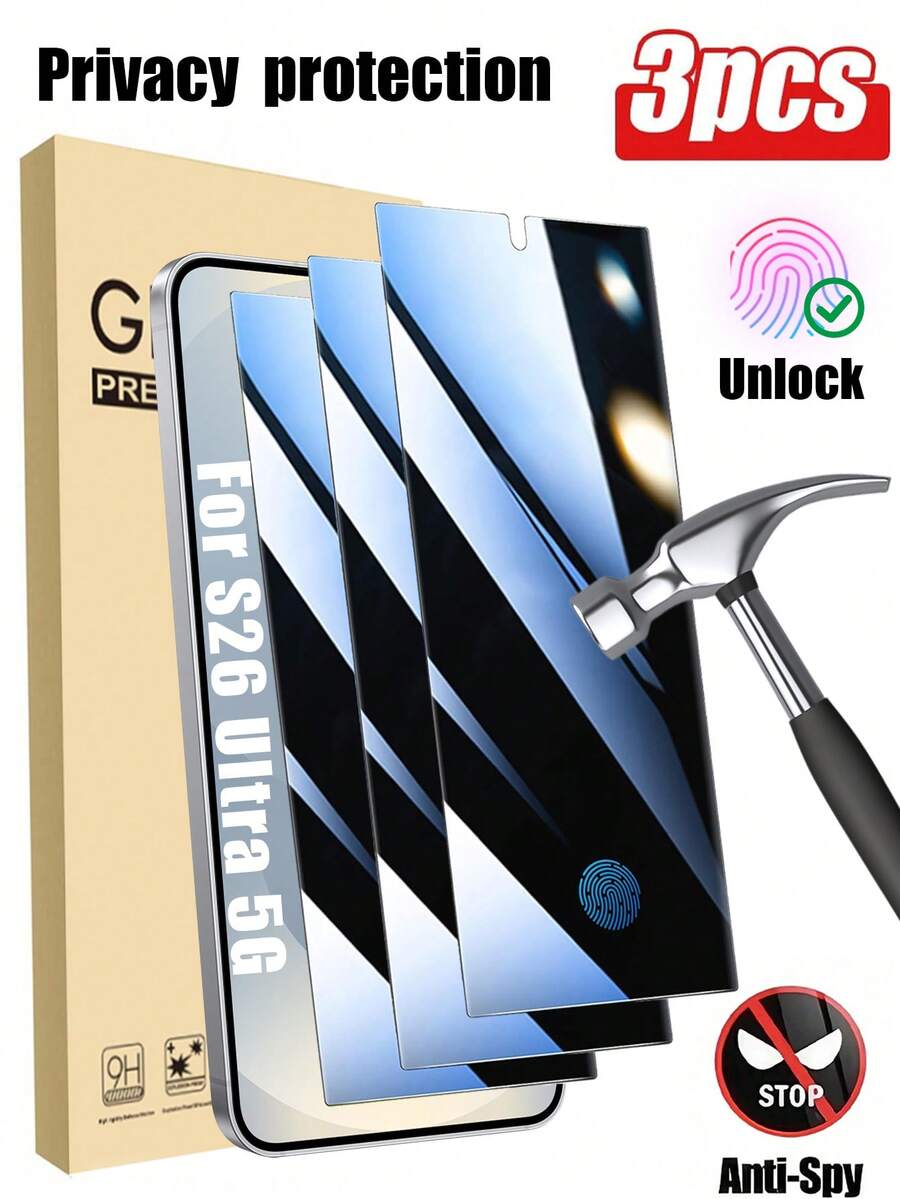 Bộ 3 miếng dán bảo vệ màn hình chống nhìn trộm tương thích với Samsung Galaxy S26 Ultra/S26/S26 Plus/S26 Edge/S25 Ultra/S25/S25 Plus/S25 Edge/S24/S23/S22/A17/A16/A15/A55/A54, màu đen mờ, chất liệu kính cường lực (có chức năng nhận diện vân tay), độ cứng 9H, kính cường lực chống nhìn trộm, không bọt khí.