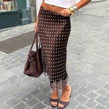Women Satin Lace Trim Midi Skirt Polka Dot Print High Waist Long A-Line Skirts Vintage Silk Going Out Dress Y2k Streetwear Party Clubwear - Màu nâu Sô-cô-la - Xem 2