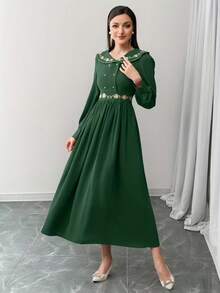 Đầm maxi dài tay cổ điển màu trơn phối nhiều mảnh dành cho nữ mùa xuân/hè, thích hợp cho đám cưới, kỳ nghỉ, tiệc tùng, tiệc tối trang trọng, hẹn hò, thắt eo, cúc ngọc trai, thêu hoa, tay phồng, đầm maxi dài màu xanh lá cây mùa xuân/hè. - Màu xanh lá cây đậm - Xem 3