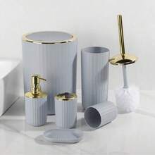 6pcs Bathroom Accessories Set, Bathroom Storage Supplies, Includes Reusable Toothbrush Cups, Lotion Dispenser, Rinse Cups, Trash Can, Soap Dish, Toilet Brush, Suitable For Hotel And Home Bathroom Countertop Decor, Ideal As A Gift For Friends And Family Housewarming, Bathroom Accessories, Bathroom Set, Christmas Gift, New Year Gift. - Multicolor - View 4