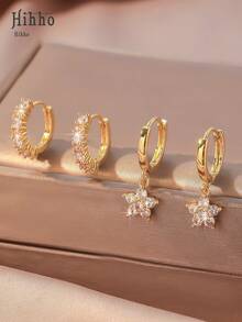 Hihho 2 对/套方晶锆石花朵耳坠 情人节、妈妈、母亲、母亲节、礼物
