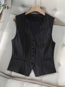 Black Striped Sleeveless Slim Fit Vest, V-Neck, Single-Breasted, With Pockets, Suitable For Office & Casual Wear, Versatile Jacket For Commuting & Work - Black - View 1