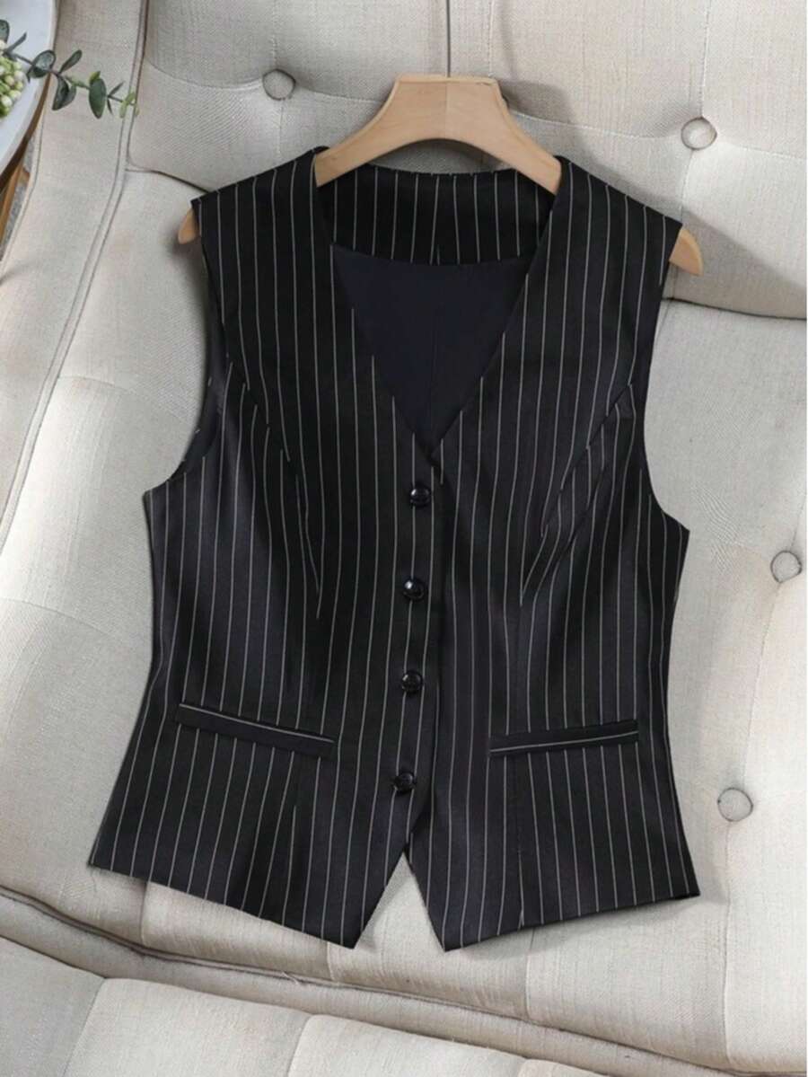 Black Striped Sleeveless Slim Fit Vest, V-Neck, Single-Breasted, With Pockets, Suitable For Office & Casual Wear, Versatile Jacket For Commuting & Work - Black - View 1