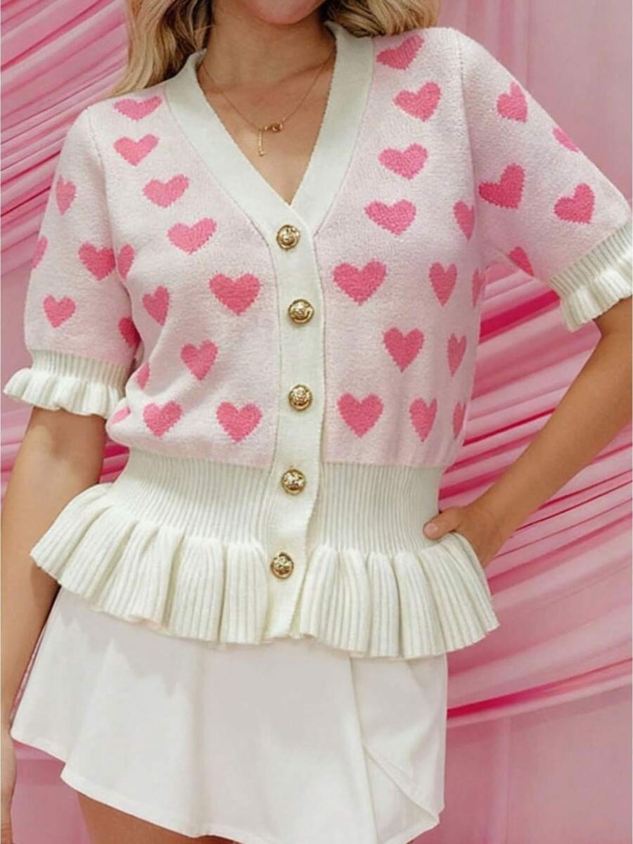Womens Valentines Knit Cardigan Vest Stylish Love Heart Pattern Ruffled Hem Button Down V Neck Half Sleeve Sweater Jacket - White - View 1