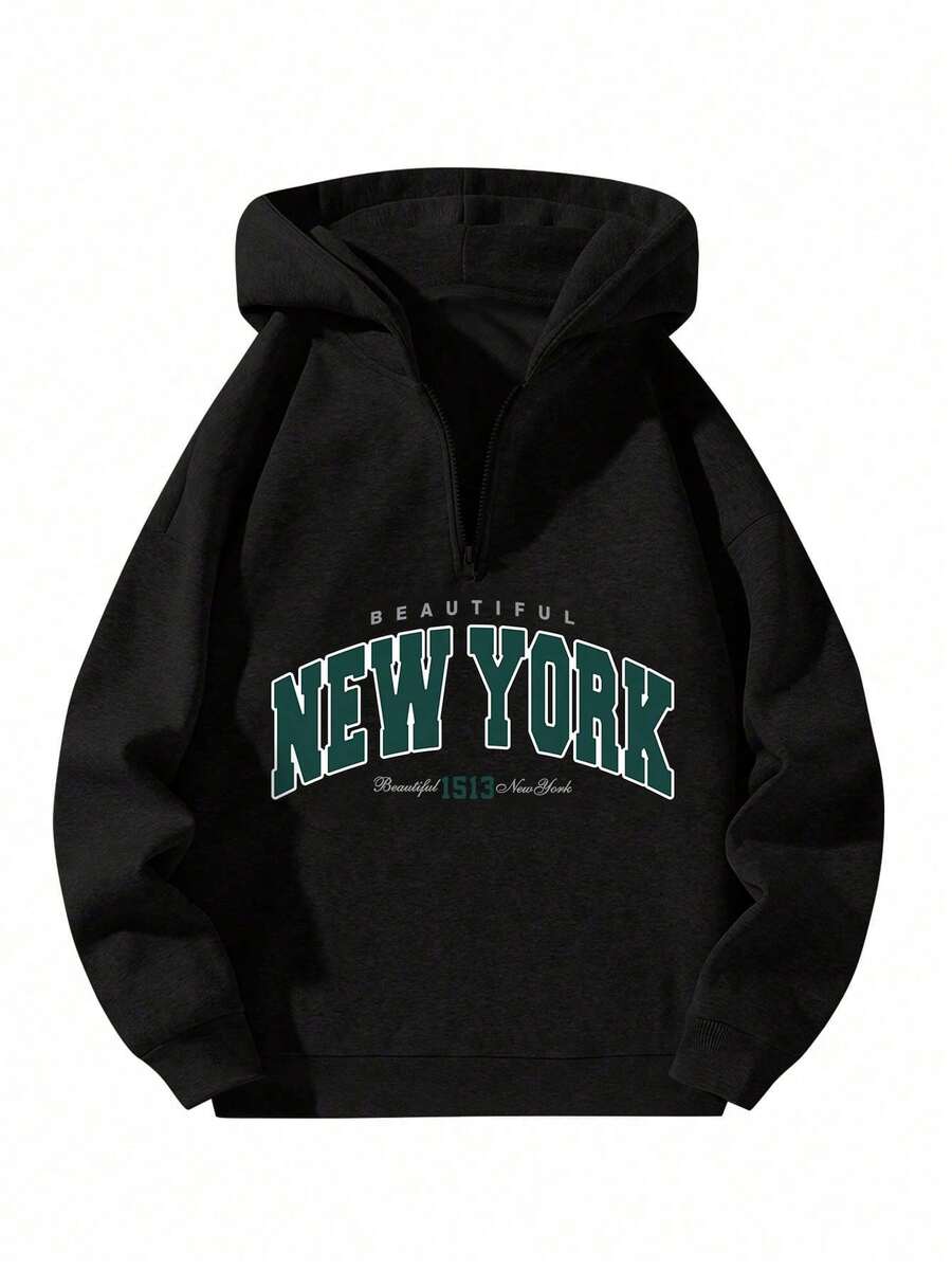 春秋季男士连帽拉链卫衣，印花加厚休闲宽松套头衫 - 黑色 - 查看 1