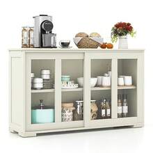 2-Door Buffet Sideboard Floor Cupboard With Sliding Tempered Glass Cabinet And Adjustable Shelf Stackable Storage Cabinet For Kitchen Dining Room Living Room Entryway - CreamWhite - View 1