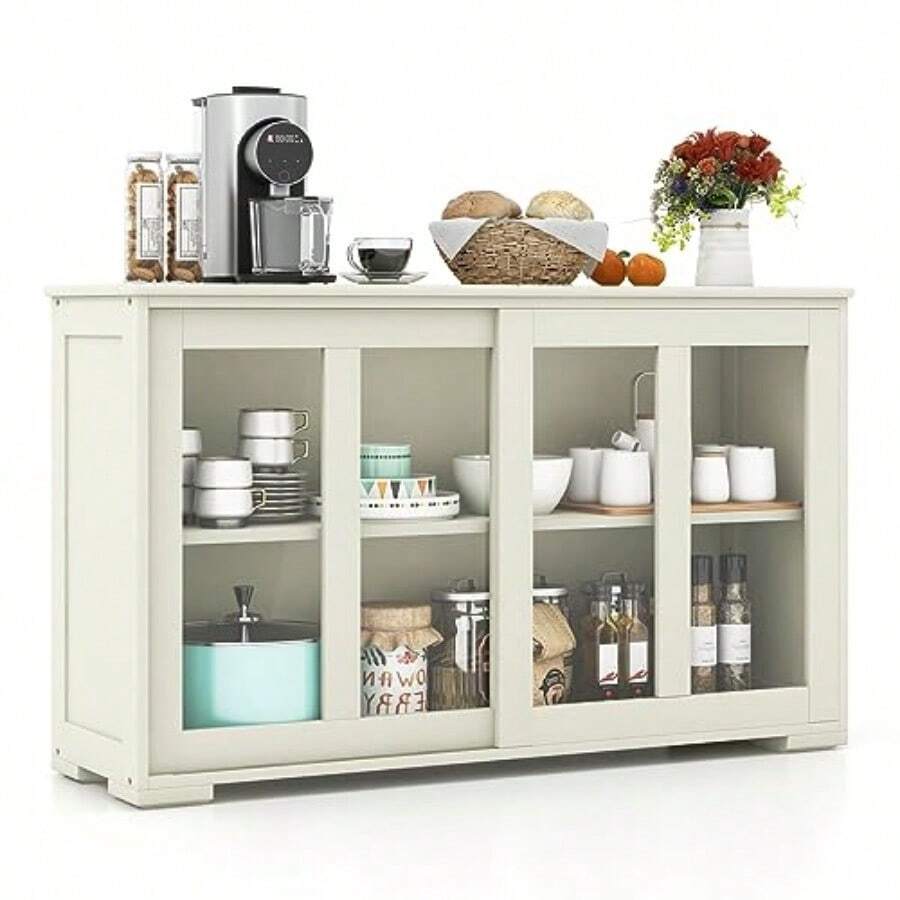 2-Door Buffet Sideboard Floor Cupboard With Sliding Tempered Glass Cabinet And Adjustable Shelf Stackable Storage Cabinet For Kitchen Dining Room Living Room Entryway - CreamWhite - View 1