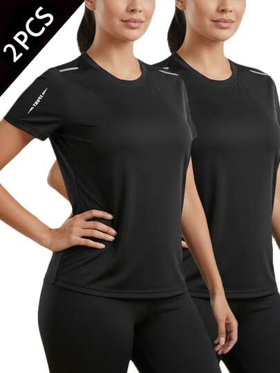 2 Packs Women's Breathable Athletic Short Sleeve Tops With High Visibility Print, Suitable For Summer Workout & Outdoor Activities
