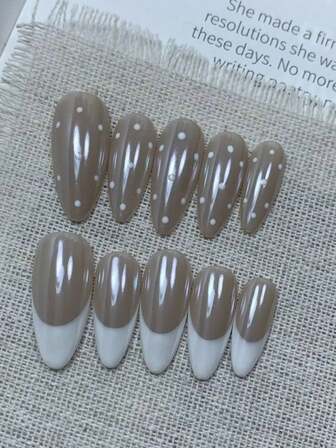 Milky Coffee French Polka Dot - Hailey French New Almond Wearable High-End Nail Stickers, Handmade Complexion-Enhancing Nail Art