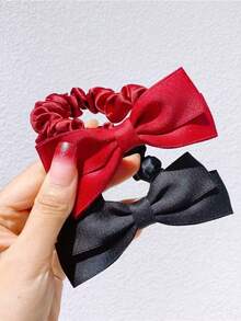 2 PCS Red Bow Hair Tie Princess Hair Tie Girls' Hair Accessories Back To School Season Satin Double Layer Wrap Waist Butterfly Colon Circle Ponytail Hair Tie Versatile Headgear - Burgundy - View 3