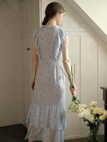 Simple Retro Women's Floral Print Flutter Sleeve Mermaid Hem Maxi Dress - Gray Blue - View 2