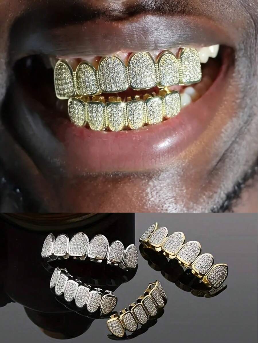 1 Set de Grillz metálicos con rhinestones brillantes de estilo hip hop, accesorios para festivales de música, regalo de pareja - Dorado - Ver 1