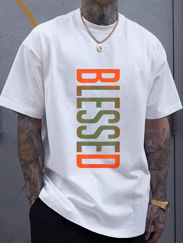 Men's Plus Size  3D Graphic T-Shirt - Oversized White Tee With Bold Orange & Green Lettering, Breathable Medium Stretch Fabric, Machine Washable Casual Streetwear For Gym, Beach & Casual Attire - Comfort Fit Short Sleeve Round Neck Top