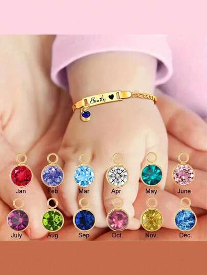 suteyi Pulseras grabadas personalizadas, con nombres, fechas y piedras de nacimiento para cada mes, adecuadas tanto para niños como para niñas. Hechas de acero inoxidable con una cadena ajustable, son un regalo de joyería único. Moda de vuelta a la escuela, fácil de llevar de viaje.