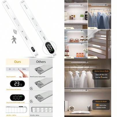 New WILLED Under Cabinet Lights Rechargeable Battery Display 60 LED Touch Light Bar Motion Sensor Light Indoor Battery Operated Closet Light Wireless Stick On Under Counter Lights For Kitchen 2 Pack