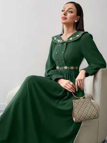 Đầm maxi dài tay cổ điển màu trơn phối nhiều mảnh dành cho nữ mùa xuân/hè, thích hợp cho đám cưới, kỳ nghỉ, tiệc tùng, tiệc tối trang trọng, hẹn hò, thắt eo, cúc ngọc trai, thêu hoa, tay phồng, đầm maxi dài màu xanh lá cây mùa xuân/hè. - Màu xanh lá cây đậm - Xem 2