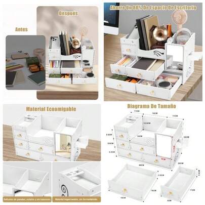 Organizador de Escritorio con Cajones Organizador para Papeles Material Oficina y Papeleria Oficina Accesorios con Espejo Compartimento de Toallas de Papel