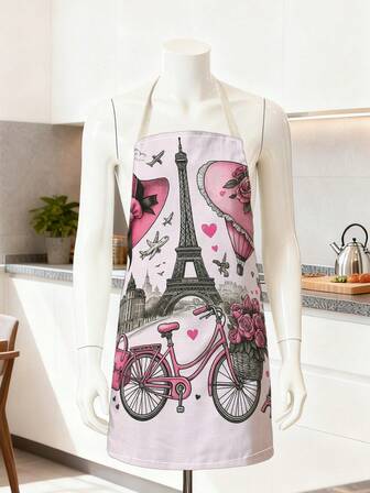 1pc Paris Theme Apron With Eiffel Tower, Vintage Bicycle & Romantic Design, Suitable For Valentine's Day, Holidays, Home Kitchen Use For Men & Women, Romantic Gift