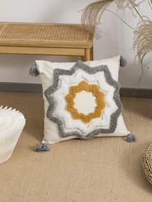 1pc Geometric Pattern Cushion Cover, Cotton Canvas Fabric With Tufted Embroidery And Tassel Trim, Nordic Style, Suitable For Bedroom, Living Room, Sofa, Headboard, Soft Decorative Pillow Case, Garden Party, All Season, 30*50cm, 45*45cm (Inner Pillow Not Included)