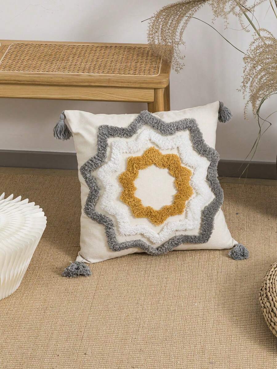 1pc Geometric Pattern Cushion Cover, Cotton Canvas Fabric With Tufted Embroidery And Tassel Trim, Nordic Style, Suitable For Bedroom, Living Room, Sofa, Headboard, Soft Decorative Pillow Case, Garden Party, All Season, 30*50cm, 45*45cm (Inner Pillow Not Included)