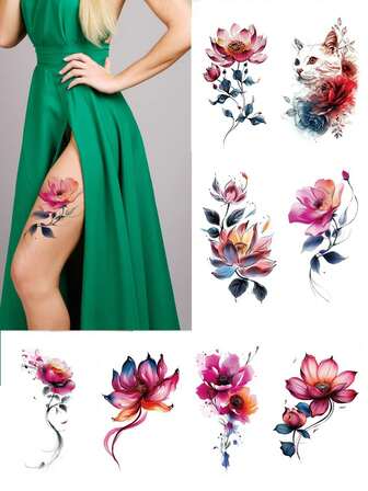 8 Pieces Of Temporary Flower Tattoo Stickers. Woman's Red Lotus Tattoo. Waterproof Fake Tattoo Stickers. Suitable For All Festival Parties.