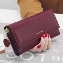 Fashion Women Wallets Letter Long Tri-Fold Wallet Purse Leather Female Clutch Card Holder Cartera Mujer - 酒紅色 - 查看 7