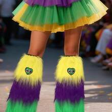 Calentadores de piernas de Mardi Gras: calentadores de piernas peludos con parches de lentejuelas de colores en contraste, forro polar suave y detalle de lentejuelas brillantes, ajuste elástico para mujeres y niñas, perfectos para fiestas, escenarios, bares, desfiles de carnaval, accesorios de disfraz de cosplay. - Morado - Ver 2