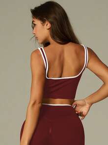 UONNOU Y2K Contrast Trim Gym Set | Butt-Lifting Leggings & Sports Bra - Burgundy - View 8