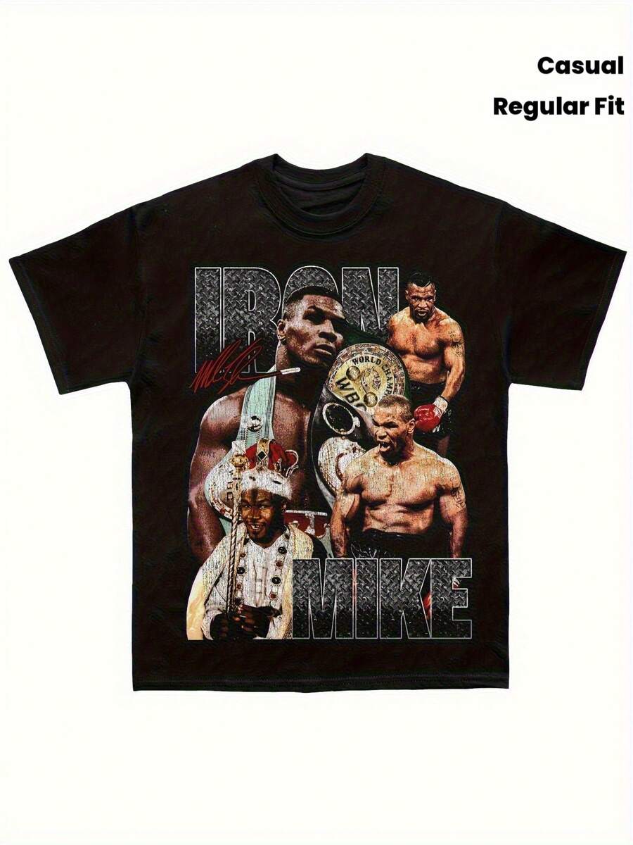 Men's Boxing T-Shirt - "Iron Mike" Design With Fighter Silhouettes, Red And White Color Scheme, Regular Fit Crew Neck T-Shirt For Casual Wear In All Seasons, Boxing T-Shirt - màu đen - Xem 1