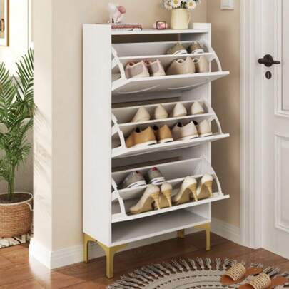 Modern, Bright, And Luxurious White Shoe Rack. Three-Tier Design With Ample Storage Space, Sturdy Metal Legs, And A Compact Shoe Rack For The Entryway.