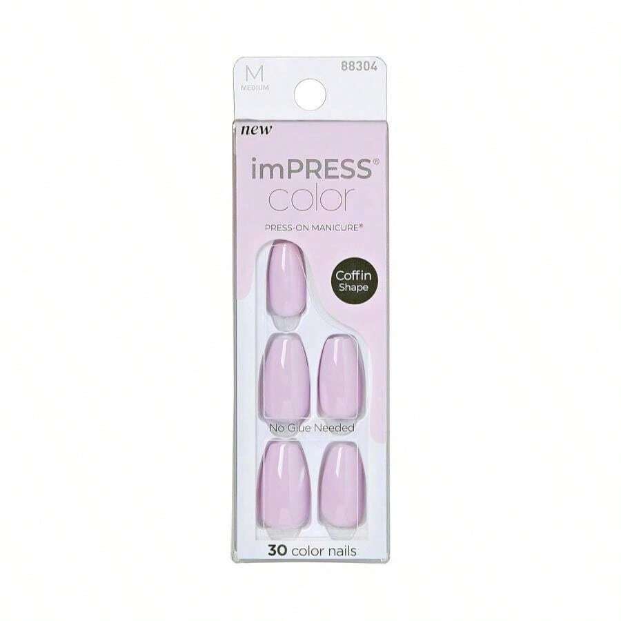 KISS ImPRESS Color No Glue Mani 30 Pcs Press On Nails, Light Pink, Lavender, Medium Size, Coffin Shape, Simple Peel &Amp; Press Easy Apply, Hassel-Free Removal, Essential Tools Included - MàuC - Xem 1