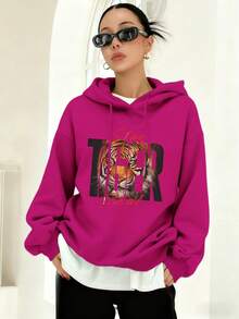 Sudadera con capucha con estampado de cabeza de tigre salvaje, cálida para otoño/invierno - Fruta del dragón roja - Ver 1