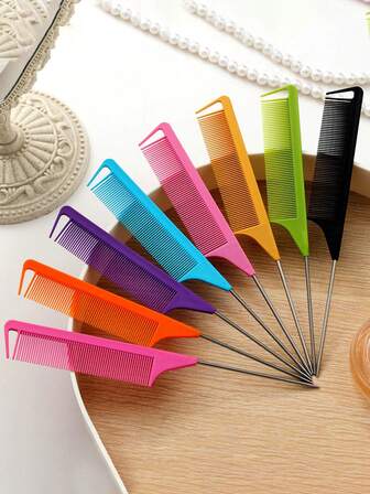 1把专业尖尾梳/分缝梳/尖尾梳/鼠尾梳/不锈钢分缝梳/防静电梳：多功能梳子，适用于普通发质，可梳理打结头发，打造各种发型，糖果色系，是美发师、沙龙和家庭使用的理想之选。