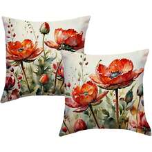 2 piezas Fundas de cojín con estampado de flor de amapola, fundas de cojín con tema natural, fundas de cojín con arte de acuarela para decoración del hogar primavera/verano, decoración de sofá o porche (floral rojo) (16in*16in 18in*18in 20in*20in) - Rojo - Ver 1