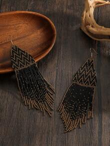 Handmade Beaded Tassel Earrings, Original Local Design, Bohemian Style Tassel Drop Earrings, Vintage Black Beads With Gold And Blue Beads, Silver Earring Hooks, Versatile For Daily And All Seasons, Personalized Exaggerated Tassel Earrings For Women, Suitable For Vacation, Party, Gifts For Her, Couples, Friends - Black Gold - View 3