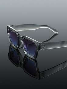 1 Pair Classic Men's Square Black Fashion Glasses, Suitable For Daily Fishing Outfit Matching - 1pc Translucent Gray Frame, Gray-blue - View 5