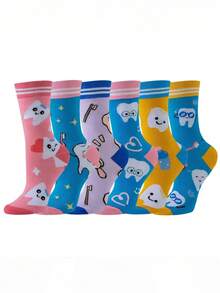 1/3 Pairs Women Cartoon Teeth Pattern Mid-Calf Socks, Creative Personalized Versatile Comfortable And Cute Socks - Multicolor - View 2