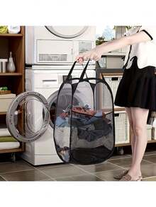 Stylish And Durable Mesh Laundry Hamper With Handle - Ideal For Dorms, Travel And Bathrooms - Polyester Arrangement Basket Clothing Dirty Clothes Storage Bin Collapsible Storage Basket - Multicolor - View 5